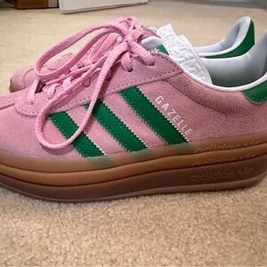 Women’s Adidas Gazelle bold platform sneaker Pink with Green Stripes